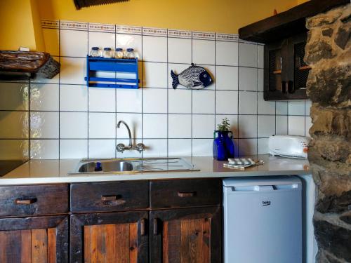 a kitchen with a sink and a refrigerator at Calhau Grande in Arco da Calheta