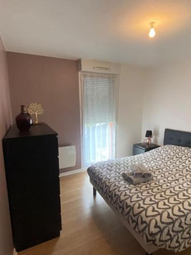 une chambre avec un lit, une commode et une fenêtre dans l'établissement Mulhouse grand T2 -  La Fonderie -Parking gratuit, à Mulhouse