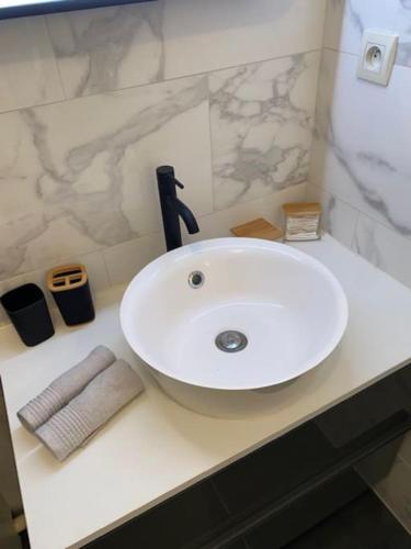 La salle de bains est pourvue d'un lavabo et d'un robinet. dans l'établissement Mulhouse grand T2 -  La Fonderie -Parking gratuit, à Mulhouse