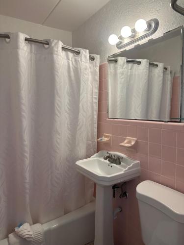 uma casa de banho com um lavatório, um WC e um espelho. em Royal Canadian Motel em Wildwood