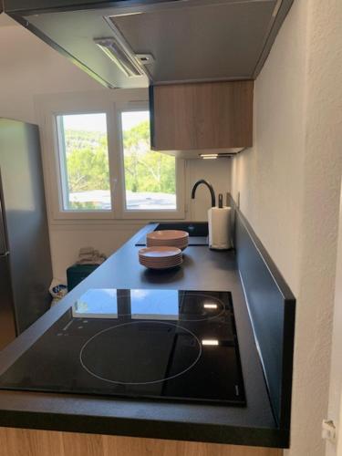 eine Küche mit einer schwarzen Arbeitsplatte in einem Zimmer in der Unterkunft PROVENCE facile in Le Tholonet