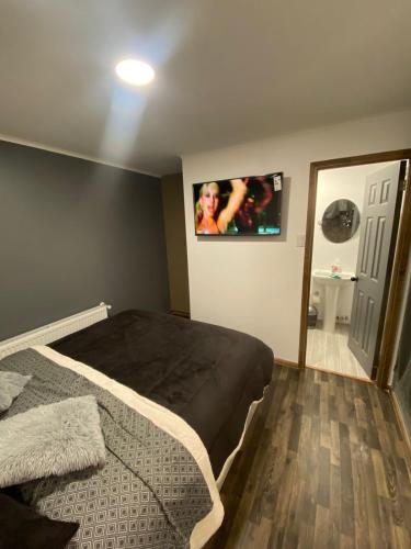 a bedroom with a bed and a tv on the wall at cabañas taty in Punta Arenas