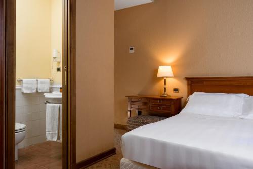 ローマにあるホテル オセアニアのベッドルーム1室(ベッド1台付)、バスルーム(トイレ付)