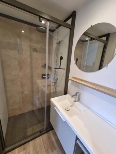 a bathroom with a shower and a sink and a mirror at Tiny house aan het Zuidlaardermeer - vlakbij Groningen in Kropswolde