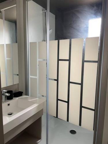une salle de bain avec une douche, un lavabo et un miroir dans l'établissement Cottage dans Parc Résidentiel de Loisirs, Piscine, 150M de la mer, à Jullouville
