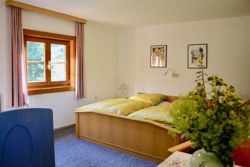 een slaapkamer met een bed in een kamer met een raam bij Ferienhaus Haus Tanneck in Kurort Altenberg