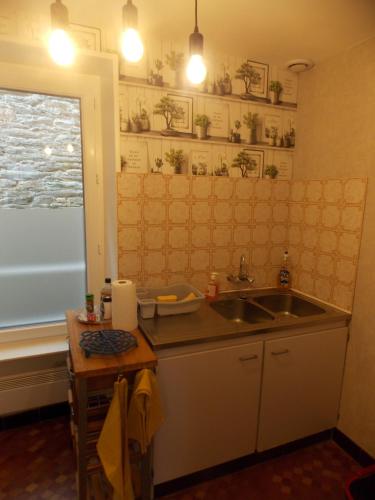 uma pequena cozinha com um lavatório e uma janela em Maison Sweet Cabana plein centre em Cherbourg en Cotentin