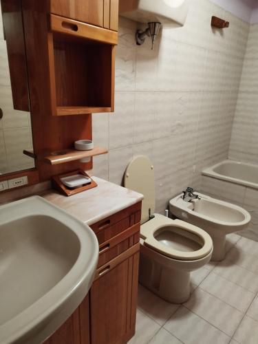 ein Badezimmer mit einem Waschbecken, einem WC und einer Badewanne in der Unterkunft La Casa nel Borgo in Piancastagnaio