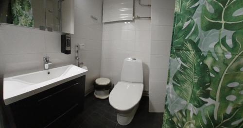 a bathroom with a white toilet and a sink at Hotel Mestarin Kievari in Kemijärvi