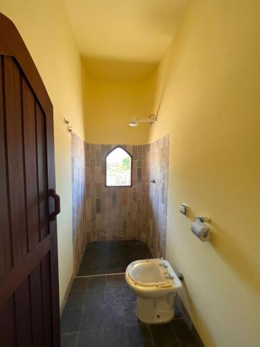 łazienka z toaletą i oknem w obiekcie Pousada Akronos w mieście Canoa Quebrada