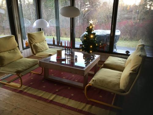 a living room with a christmas tree in the window at Holiday Home Holmehøj in Ebeltoft