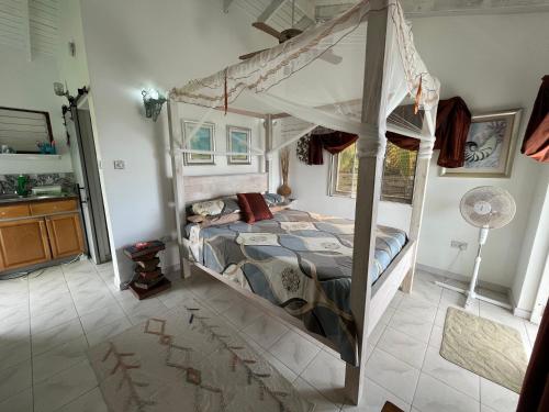 a bedroom with a canopy bed in a room at Waves Villa Guesthouse in Kingstown