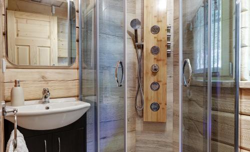 uma casa de banho com um lavatório e um chuveiro em Kotelnica Resort em Międzybrodzie Bialskie