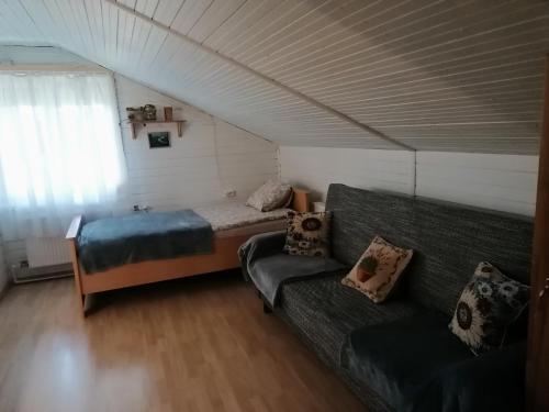 GARDEN CHALET في داوُجافبيلسْ: غرفة معيشة مع أريكة وسرير