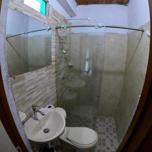 a bathroom with a shower with a sink and a toilet at Hospedaje Naturaleza Viva in San Rafael