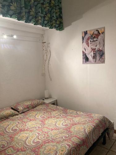 1 dormitorio con 1 cama y una foto en la pared en La Coccinelle, en Nimes