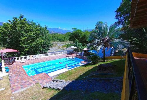 a swimming pool in a yard with a palm tree at Hotel Campo Campestre La Coqueta in Santa Fe de Antioquia