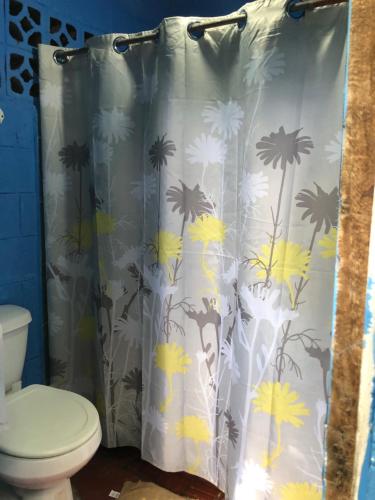 bagno con tenda doccia e servizi igienici di Punta Roca Surf House a El Majahual