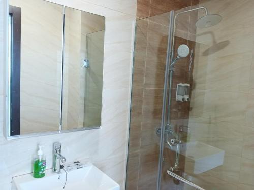 a bathroom with a shower and a sink and a mirror at Formosa Spacious Apartments with Netflix & Pick Up Service by MESA in Nagoya