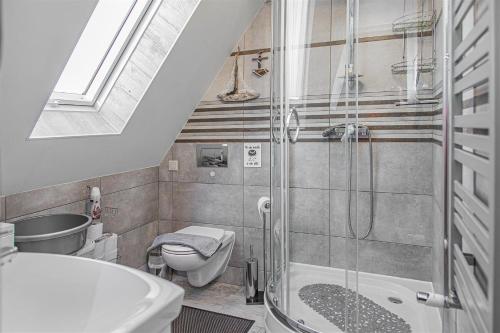 a bathroom with a shower and a toilet and a sink at PROMYK - Apartamenty & Pokoje - dla dorosłych in Białogóra