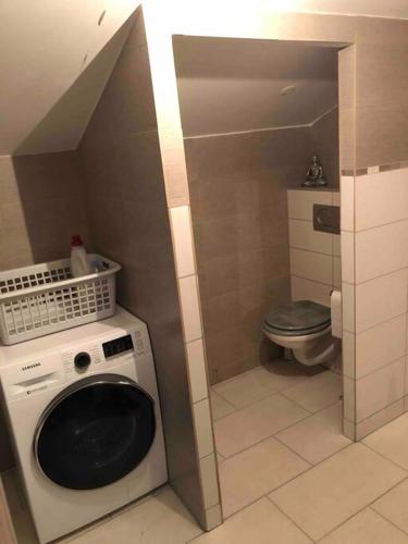 une petite salle de bains avec un lave-linge et des toilettes. dans l'établissement Rez de maison jardin appart, à Saint-Pont