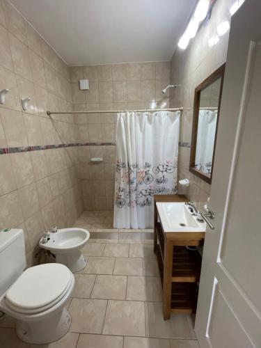 a bathroom with a toilet and a sink and a shower at Casa Caelum in Concepción del Uruguay