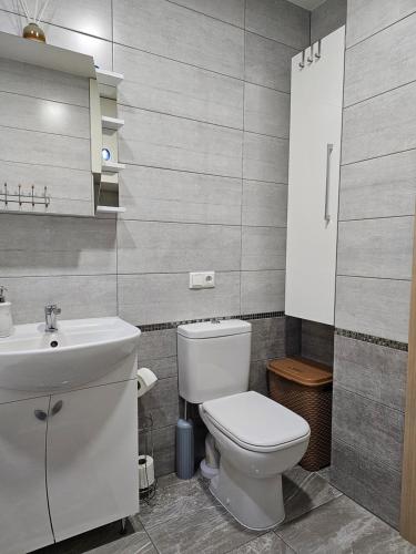 a bathroom with a white toilet and a sink at Family apartment in Kretinga