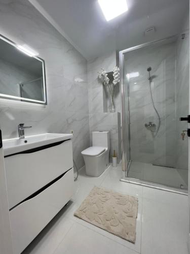 La salle de bains est pourvue d'une douche, d'un lavabo et de toilettes. dans l'établissement White bridge apartment, à Koutaïssi