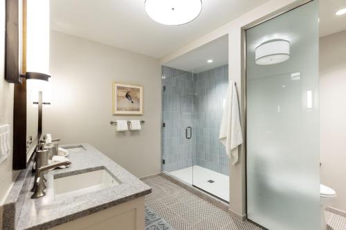 a bathroom with a shower and a sink at The Blake Residences in Taos Ski Valley