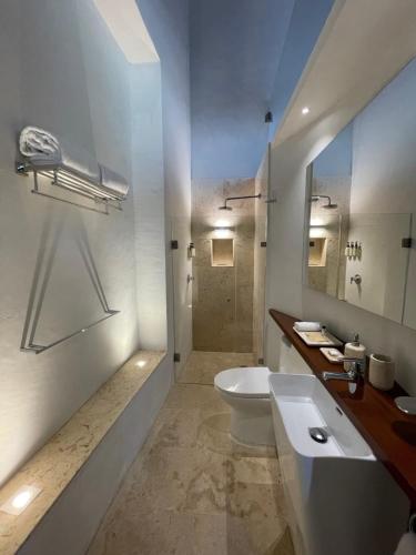 La salle de bains est pourvue d'un lavabo, de toilettes et d'un miroir. dans l'établissement Las Lupitas Hotel Boutique, à Campeche