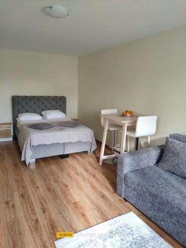 um quarto com uma cama, um sofá e uma mesa em Jauks dzīvoklis Ogres centrā em Ogre
