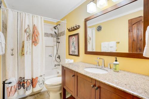 a bathroom with a sink and a toilet and a mirror at Mauna Kai 8 in Princeville