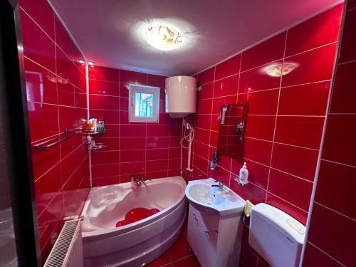 ein rotes Badezimmer mit einer Badewanne und einem Waschbecken in der Unterkunft Cășu Home in Lupeni