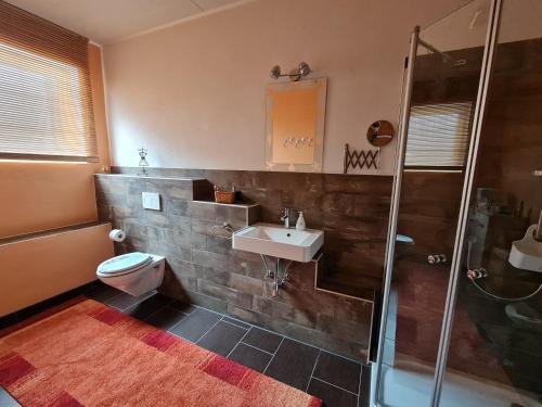 a bathroom with a toilet and a sink and a shower at Ferienwohnung im alten Milchwerk in Görisried
