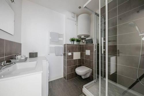 une salle de bain avec une douche, des toilettes et un lavabo dans l'établissement 600m Gare et 400m Gem: lit double, wifi fibre, à Grenoble