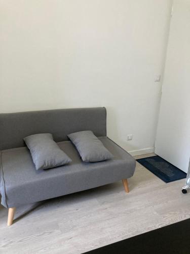- un canapé dans le salon avec 2 oreillers dans l'établissement Appartement Paris 17, à Paris