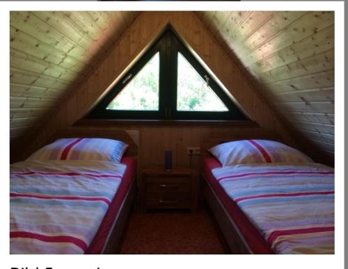 two beds in a attic room with a window at Weidmannsruh - große Ferienwohnung mit 3 Schlafzimmern in Frauendorf