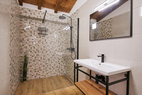 a bathroom with a sink and a shower at Stunning Villa for 10 people with large heated pool-50m2, jacuzzi and gym - by TA Leut Agency in Privlaka