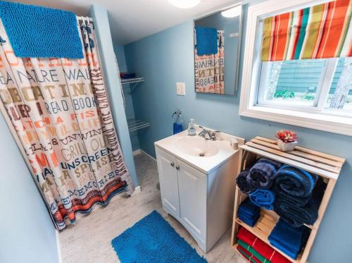 a bathroom with a sink and a shower curtain at Big Blue Lake Cottages, LLC - Cottage #4 in Holton