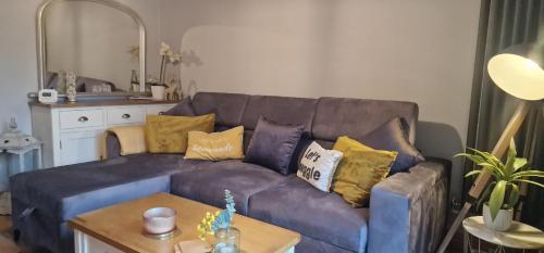 a living room with a blue couch with pillows on it at Country Style, 2 bedroom house, Parking and superb location in Norwich
