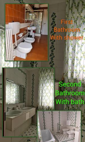 un collage di tre immagini di un bagno con lavandini e servizi igienici di Delponte Residence a Rocchetta Tanaro