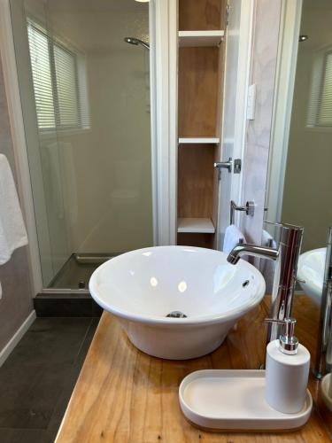 a bathroom with a white bowl sink on a wooden floor at Evolve Bach in Whitianga
