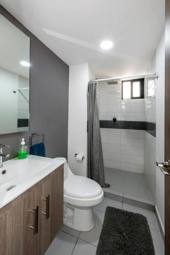 a bathroom with a toilet and a sink and a shower at Departamento completo en el centro de CDMX in Mexico City