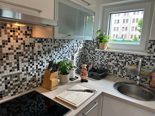 a kitchen with a sink and a counter top at Central Station Comfort, Your Cozy Home with free Parking in Salzburg