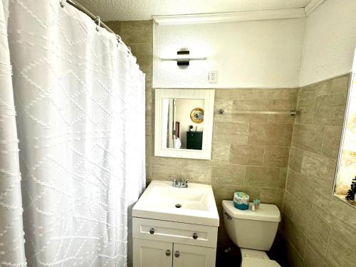 a bathroom with a sink and a toilet and a shower curtain at King Suite Apt W Shared Pool 07 in Clearwater