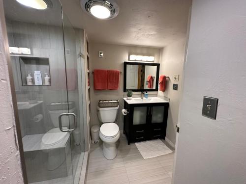 a bathroom with a toilet and a sink and a shower at Purgatory Resort Ski In Ski Out in Durango
