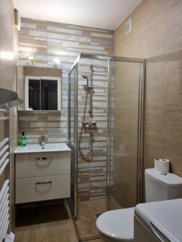 une salle de bain avec une douche, un lavabo et des toilettes dans l'établissement Maison ville dans une voie privée, à Saint-Ouen