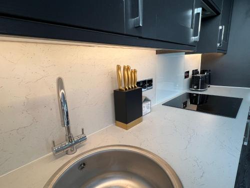 eine Küchentheke mit einer Spüle und einem Messerblock in der Unterkunft Stylish Central Studio Apartment Modern Luxury in Brighton & Hove