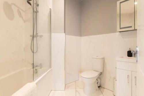 een witte badkamer met een toilet en een douche bij Stunning Central Apartment In Heart Of Brighton in Brighton & Hove