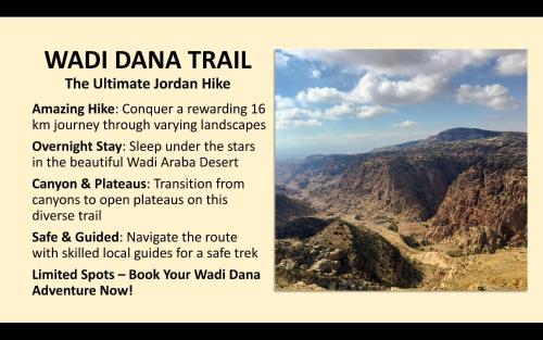 a flyer for the wadi dana trail in theichita mountains at - Trekking from Dana to Petra in Dana